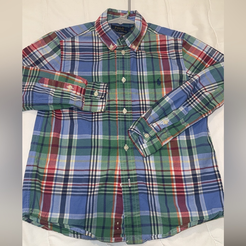 Ralph Lauren Boy Poplin Plaid Button Down Shirt Size 7y